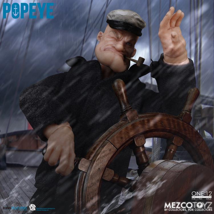 The One:12 Collective Popeye figure includes two masterfully crafted head portraits: a stern stare and a salty glare. Authentically presented in his classic sailor clothing and a removable pea coat, Popeye comes complete with a wide range of accessories including: a functional drawstring duffle bag, a collapsible spy glass, a compass with hinged lid, two spinach cans, three different hats, and two styles of corncob pipes.