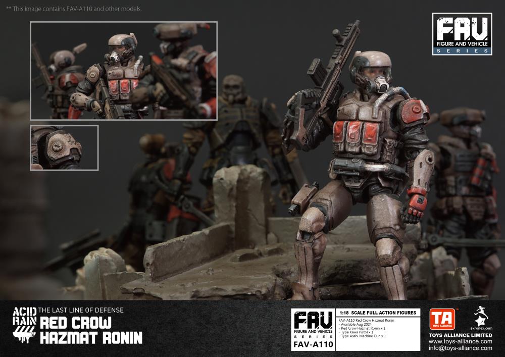 Within the notorious Yamato Gray Zone, known for its heavy acid rain contamination, nuclear fallout, and continuous volcanic eruptions - some of the worst pollution in the world - the Red Crow Hazmat Ronin remain faithful in their allegiance to the Cabinet and Republic. Their enemies include not only the terrorists raging in the hazard zones, but also bandits equipped with CBRN weapons.