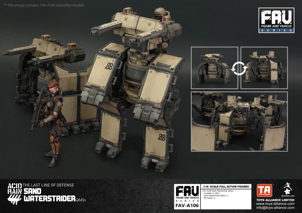 The Sand Waterstrider QM3s is an all-terrain quadrupedal vehicle able to operate autonomously or installed on a trailer pulled by an Ankylo truck, which then frees up Strider drivers to focus exclusively on unloading its heavy firepower turret, providing excellent suppressive fire when supporting the front lines.