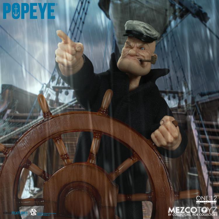 The One:12 Collective Popeye figure includes two masterfully crafted head portraits: a stern stare and a salty glare. Authentically presented in his classic sailor clothing and a removable pea coat, Popeye comes complete with a wide range of accessories including: a functional drawstring duffle bag, a collapsible spy glass, a compass with hinged lid, two spinach cans, three different hats, and two styles of corncob pipes.