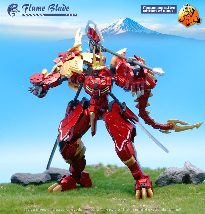 The PT-07 Flame Blade figure presents as a commemorative edition of 2023 from Pangu Toys and can convert from a robot to a lion! Standing just under 6 inches tall, Flame Blade comes with several interchangeable parts and accessories for an even greater arrangement of display opportunities.