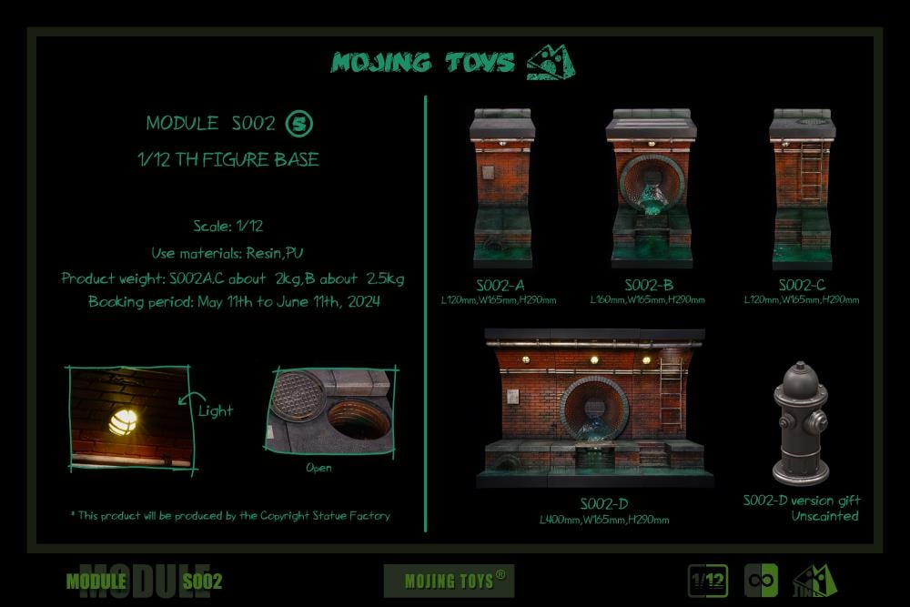 The American comic style sewer diorama base is divided into three different scenes and can be freely spliced for use. It not only displays the scene of the sewer, but also restores the details of the top road surface, increasing the interactivity and playability of your favorite 1/12 scale figures. Order yours today! This complete set will include a bonus fire hydrant (unpainted). Figures shown not included (shown for scale)