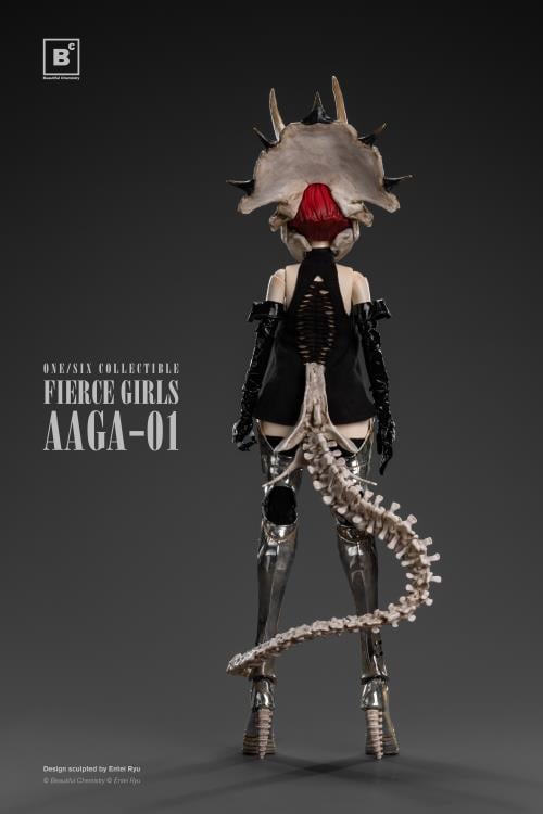 Beautiful Chemistry and artist Entei Ryu have teamed up to create the Fierce Girls Series Bone Girl (Triceratops) 1/6 scale figure. The figure features a woman wearing a black mini-dress, black elbow-length gloves, as well as a triceratops skull and a long bone tail. She is also wearing thigh-length silver armored boots and comes with a bone-handled umbrella, metal chain and dinosaur charms.