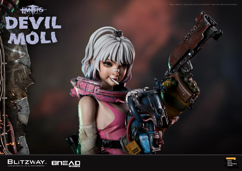 'BLITZWAY is thrilled to share the official launch of the 5th character of BHEADworks’ original figures, ‘Devil Moli’ from ‘HUNTERS: Day After WWIII.’ BHEADworks (Artist Yeon-gyun, Jung) has been loved for its original character design based on the dystopian worldview. The fifth heroine, Devil Moli, is a combat girl who decorates her cute visual like a scary gatekeeper and sensibly notices when an enemy approaches and sends a cue sign with a whistle.