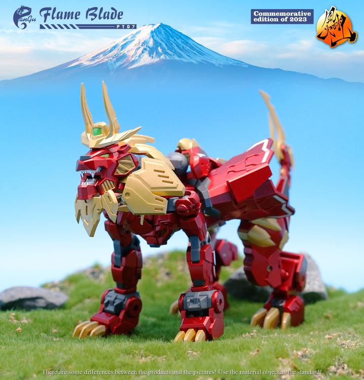 The PT-07 Flame Blade figure presents as a commemorative edition of 2023 from Pangu Toys and can convert from a robot to a lion! Standing just under 6 inches tall, Flame Blade comes with several interchangeable parts and accessories for an even greater arrangement of display opportunities.