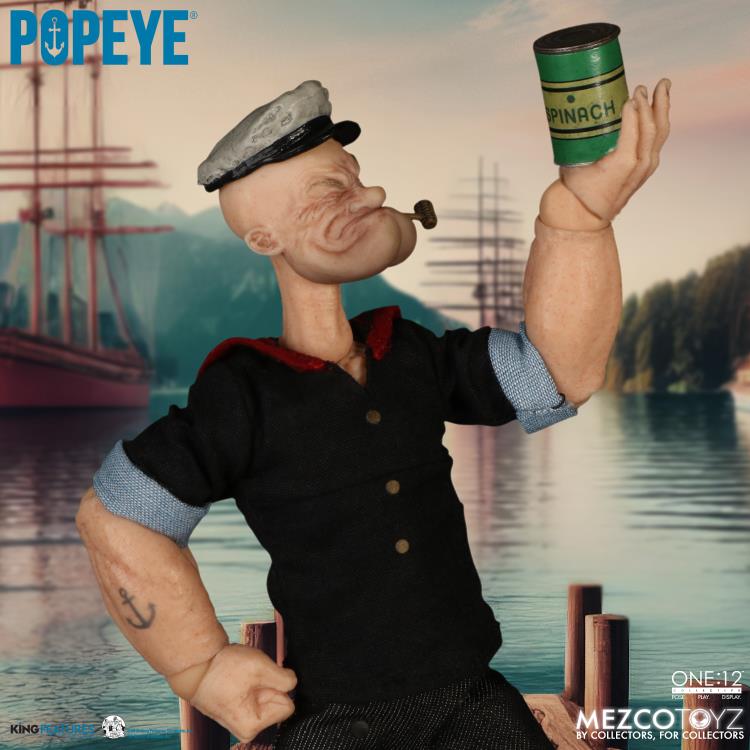 The One:12 Collective Popeye figure includes two masterfully crafted head portraits: a stern stare and a salty glare. Authentically presented in his classic sailor clothing and a removable pea coat, Popeye comes complete with a wide range of accessories including: a functional drawstring duffle bag, a collapsible spy glass, a compass with hinged lid, two spinach cans, three different hats, and two styles of corncob pipes.