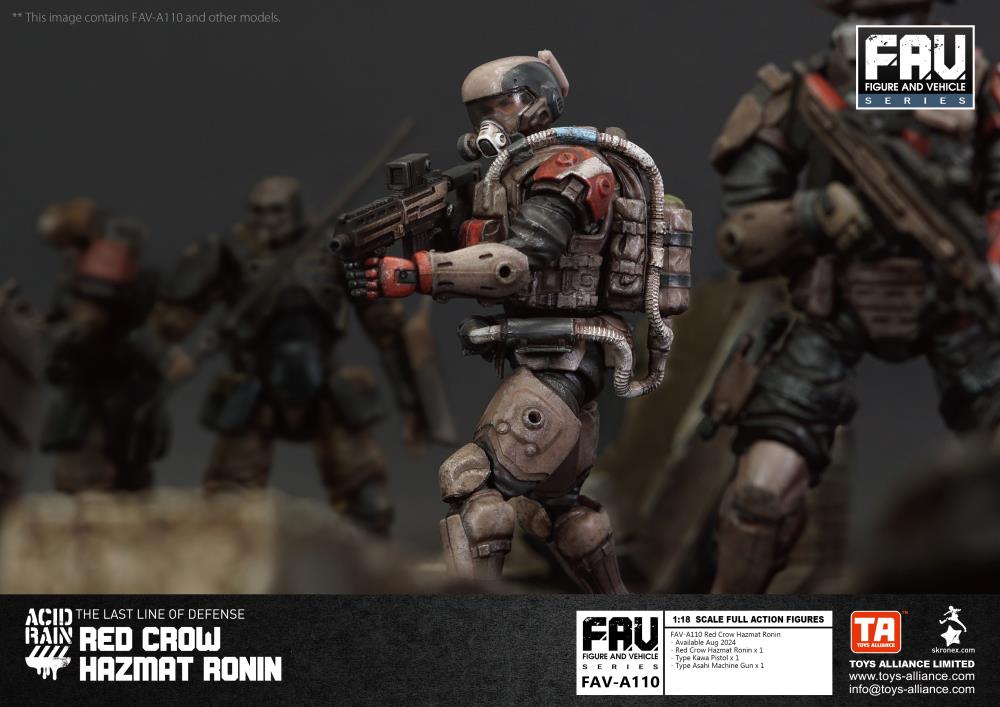 Within the notorious Yamato Gray Zone, known for its heavy acid rain contamination, nuclear fallout, and continuous volcanic eruptions - some of the worst pollution in the world - the Red Crow Hazmat Ronin remain faithful in their allegiance to the Cabinet and Republic. Their enemies include not only the terrorists raging in the hazard zones, but also bandits equipped with CBRN weapons.