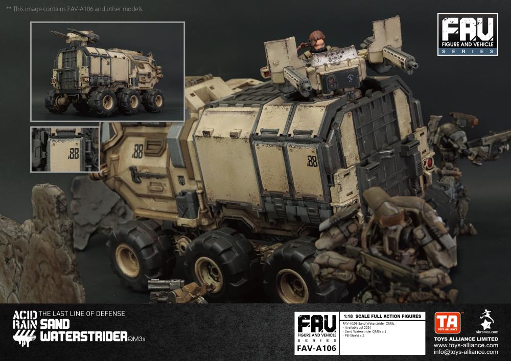 The Sand Waterstrider QM3s is an all-terrain quadrupedal vehicle able to operate autonomously or installed on a trailer pulled by an Ankylo truck, which then frees up Strider drivers to focus exclusively on unloading its heavy firepower turret, providing excellent suppressive fire when supporting the front lines.