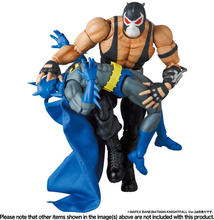 Based on the Batman: Knightfall storyline from DC Comics, this MAFEX Batman action figure is highly articulated with several features and accessories. Batman features a poseable wired fabric cape and 3 head portraits. Bane figure sold separately