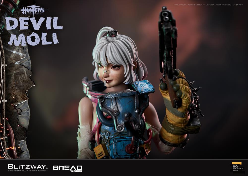 'BLITZWAY is thrilled to share the official launch of the 5th character of BHEADworks’ original figures, ‘Devil Moli’ from ‘HUNTERS: Day After WWIII.’ BHEADworks (Artist Yeon-gyun, Jung) has been loved for its original character design based on the dystopian worldview. The fifth heroine, Devil Moli, is a combat girl who decorates her cute visual like a scary gatekeeper and sensibly notices when an enemy approaches and sends a cue sign with a whistle.