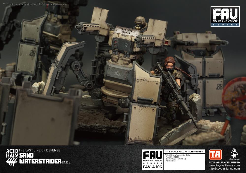 The Sand Waterstrider QM3s is an all-terrain quadrupedal vehicle able to operate autonomously or installed on a trailer pulled by an Ankylo truck, which then frees up Strider drivers to focus exclusively on unloading its heavy firepower turret, providing excellent suppressive fire when supporting the front lines.