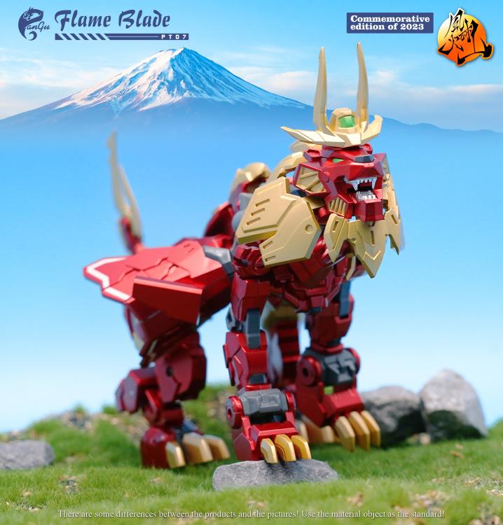The PT-07 Flame Blade figure presents as a commemorative edition of 2023 from Pangu Toys and can convert from a robot to a lion! Standing just under 6 inches tall, Flame Blade comes with several interchangeable parts and accessories for an even greater arrangement of display opportunities.