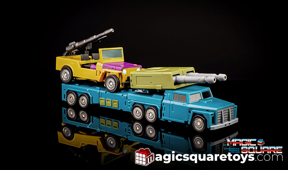 Simplicity is the ultimate sophistication, as Magic Square’s design progresses, the Night Tracer release is arguably the smoothest transformation yet! The MS-B53 Night Tracer can convert between robot form and truck form and comes with additional weapons and other accessories for more dynamic display opportunities. Other figures shown not included