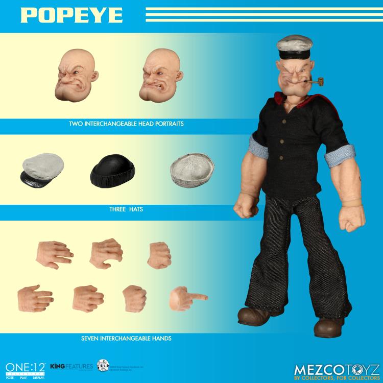 The One:12 Collective Popeye figure includes two masterfully crafted head portraits: a stern stare and a salty glare. Authentically presented in his classic sailor clothing and a removable pea coat, Popeye comes complete with a wide range of accessories including: a functional drawstring duffle bag, a collapsible spy glass, a compass with hinged lid, two spinach cans, three different hats, and two styles of corncob pipes.