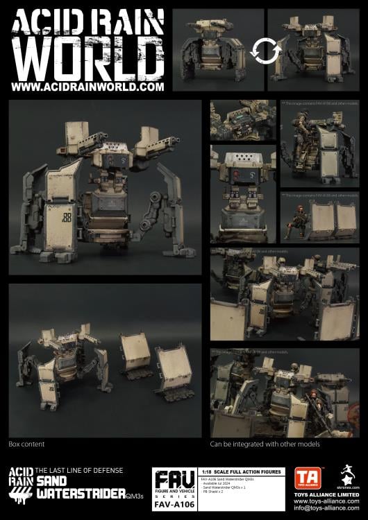 The Sand Waterstrider QM3s is an all-terrain quadrupedal vehicle able to operate autonomously or installed on a trailer pulled by an Ankylo truck, which then frees up Strider drivers to focus exclusively on unloading its heavy firepower turret, providing excellent suppressive fire when supporting the front lines.