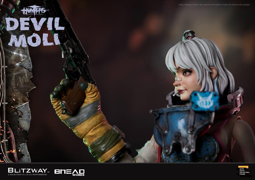 'BLITZWAY is thrilled to share the official launch of the 5th character of BHEADworks’ original figures, ‘Devil Moli’ from ‘HUNTERS: Day After WWIII.’ BHEADworks (Artist Yeon-gyun, Jung) has been loved for its original character design based on the dystopian worldview. The fifth heroine, Devil Moli, is a combat girl who decorates her cute visual like a scary gatekeeper and sensibly notices when an enemy approaches and sends a cue sign with a whistle.