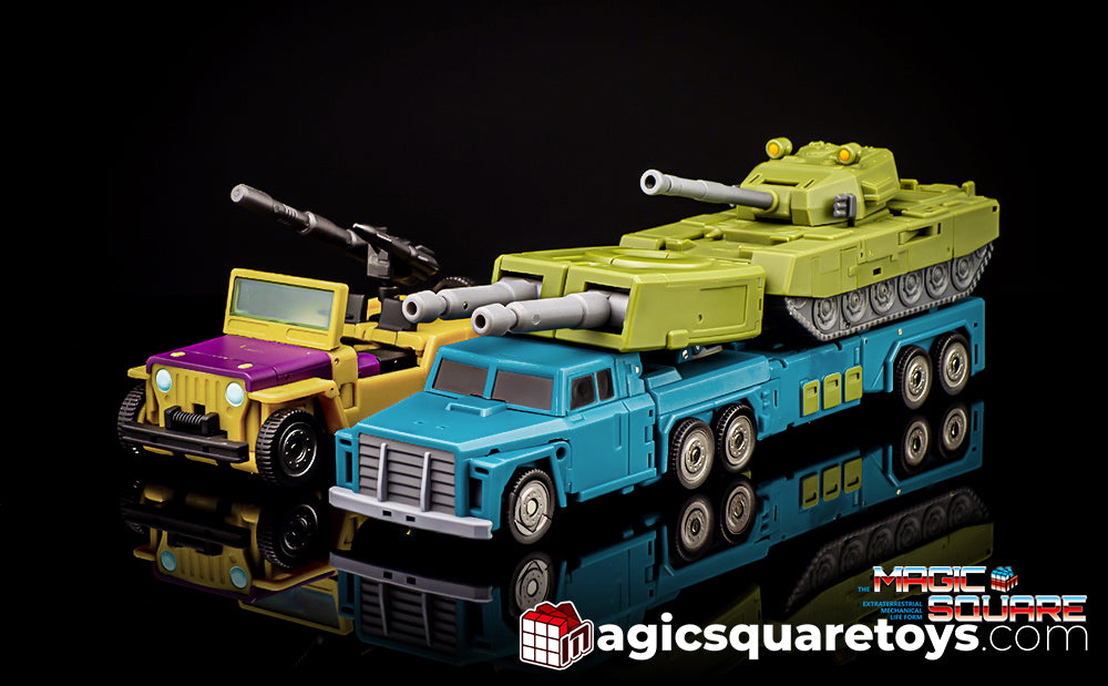 Simplicity is the ultimate sophistication, as Magic Square’s design progresses, the Night Tracer release is arguably the smoothest transformation yet! The MS-B53 Night Tracer can convert between robot form and truck form and comes with additional weapons and other accessories for more dynamic display opportunities. Other figures shown not included