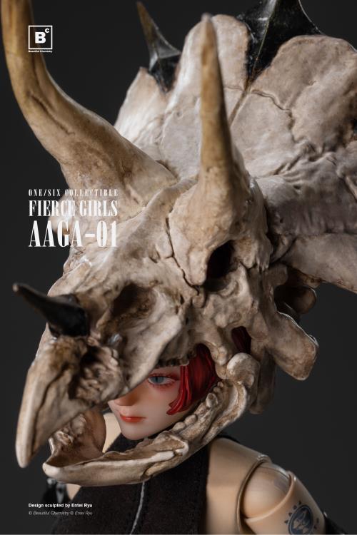 Beautiful Chemistry and artist Entei Ryu have teamed up to create the Fierce Girls Series Bone Girl (Triceratops) 1/6 scale figure. The figure features a woman wearing a black mini-dress, black elbow-length gloves, as well as a triceratops skull and a long bone tail. She is also wearing thigh-length silver armored boots and comes with a bone-handled umbrella, metal chain and dinosaur charms.