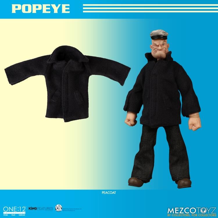 The One:12 Collective Popeye figure includes two masterfully crafted head portraits: a stern stare and a salty glare. Authentically presented in his classic sailor clothing and a removable pea coat, Popeye comes complete with a wide range of accessories including: a functional drawstring duffle bag, a collapsible spy glass, a compass with hinged lid, two spinach cans, three different hats, and two styles of corncob pipes.
