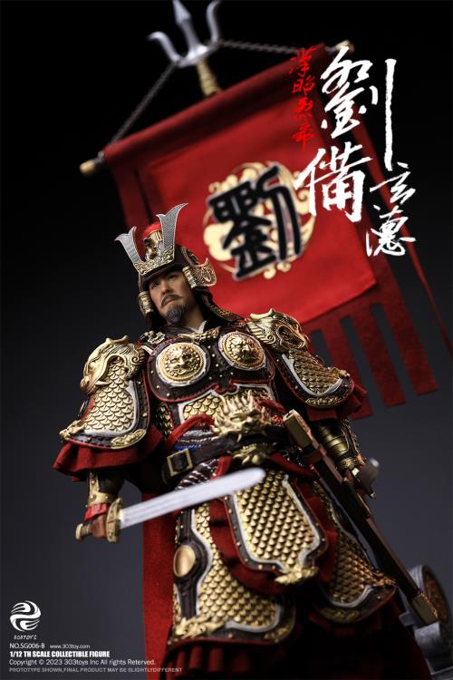 Crush the invading enemies as you defend your homeland with this Liu Bei Xuande figure by 303 Toys! Featuring multiple weapons and accessories, this 1/12 scale figure will be a perfect addition for any collector. Order yours today! The Battlefield Version of this figure includes a war banner and horse for your warrior to ride on.
