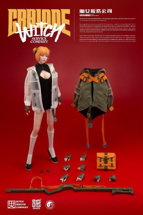 The Grainne figure features changeable eyeballs, a magic wand briefcase, variable magic wands, and an army green hooded cloak.