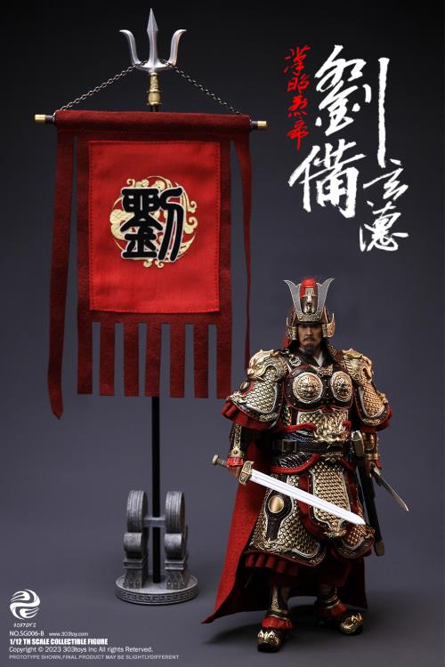 Crush the invading enemies as you defend your homeland with this Liu Bei Xuande figure by 303 Toys! Featuring multiple weapons and accessories, this 1/12 scale figure will be a perfect addition for any collector. Order yours today! The Battlefield Version of this figure includes a war banner and horse for your warrior to ride on.