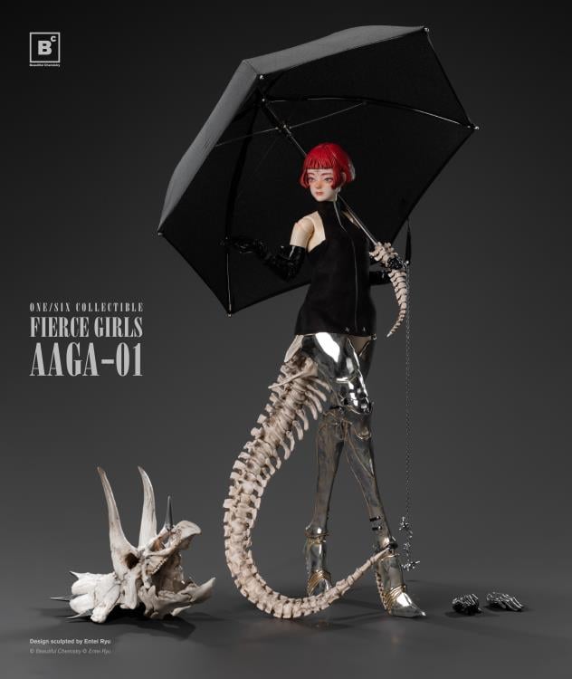 Beautiful Chemistry and artist Entei Ryu have teamed up to create the Fierce Girls Series Bone Girl (Triceratops) 1/6 scale figure. The figure features a woman wearing a black mini-dress, black elbow-length gloves, as well as a triceratops skull and a long bone tail. She is also wearing thigh-length silver armored boots and comes with a bone-handled umbrella, metal chain and dinosaur charms.