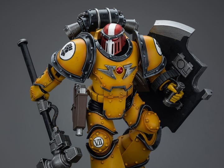 The Warhammer 40K Imperial Fists “The Horus Heresy” product line offers a compelling collection of figures capturing the essence of the Imperial Fists Space Marine Legion during the pivotal era of “The Horus Heresy.” Meticulously crafted and intricately detailed, these action figures showcase the iconic yellow and black color scheme of the Imperial Fists, symbolizing their stoic determination and unwavering loyalty to the Imperium of Man.