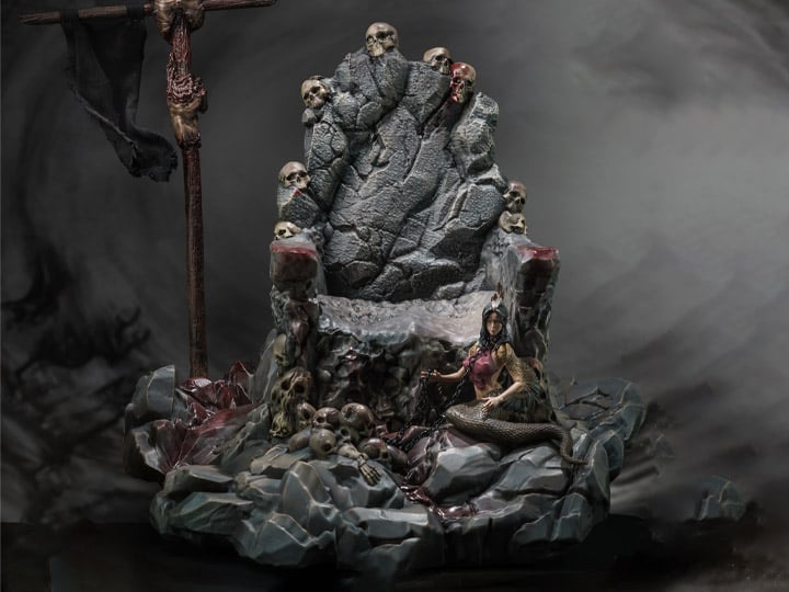 Nottaa Collections are proud to introduce, for the first time, a statue-grade scenic component, the Bone Crown Lion Soul Throne. From the harrowing Bone Crown Throne to the Feathered Serpent Yao attendant of the Lion King, and the ominous Soul Capturing Battle Flag, each piece tells a story of the many ambitious souls who ventured here with dreams of grandeur, only to vanish without a trace, adding a layer of legend to the collection. This version features bloody paint applications.