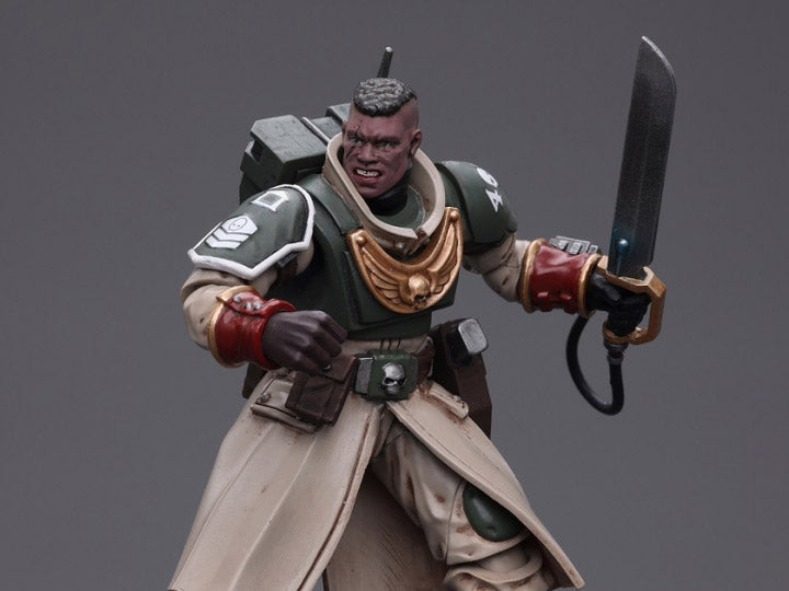 This is a 1/18 scale highly detailed, articulated figure based on Warhammer 40k's Cadian Command Squad Commander with Power Sword of the Astra Militarum. The Cadian Command figure stands nearly 6 inches tall and comes with several interchangeable parts and accessories, opening the door to a plethora of different and unique display opportunities.