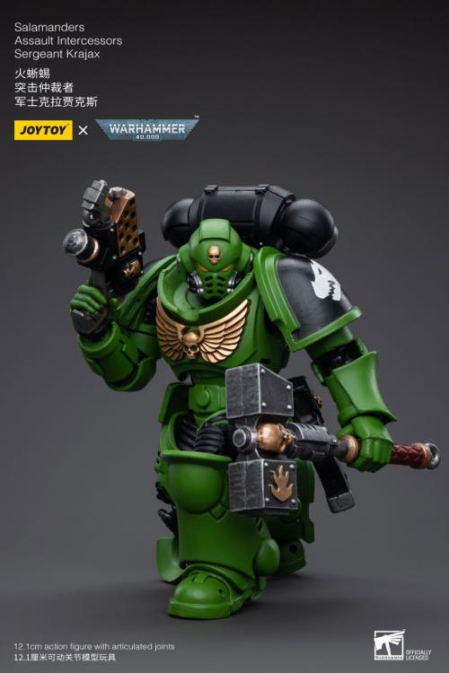 Hailing from a volcanic and unstable world, the Space Marine Chapter of the Salamanders take great care to avoid human casualties during their wars against Chaos. Deeply embedded in the Promeathan Cult, these warriors hone their skills to a lethal edge to protect Humanity. Each figure typically includes interchangeable hands and weapon accessories and stands between 4" and 6" tall. Sergeant Krajax leads his men into the fray as many times as it takes to complete the mission, regardless of casualties.