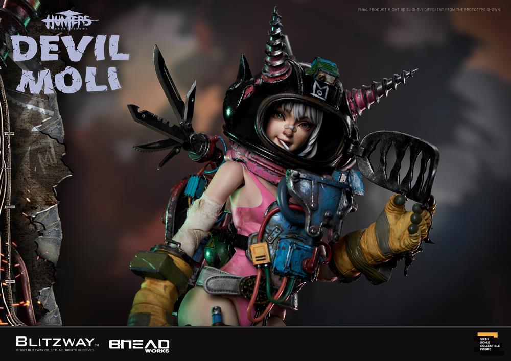 'BLITZWAY is thrilled to share the official launch of the 5th character of BHEADworks’ original figures, ‘Devil Moli’ from ‘HUNTERS: Day After WWIII.’ BHEADworks (Artist Yeon-gyun, Jung) has been loved for its original character design based on the dystopian worldview. The fifth heroine, Devil Moli, is a combat girl who decorates her cute visual like a scary gatekeeper and sensibly notices when an enemy approaches and sends a cue sign with a whistle.