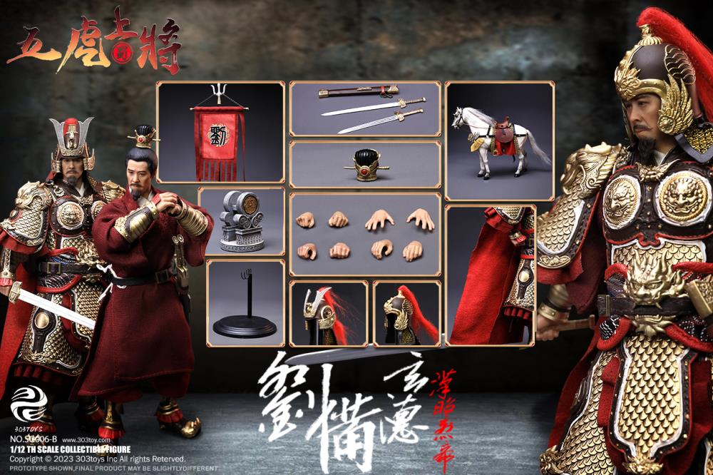 Crush the invading enemies as you defend your homeland with this Liu Bei Xuande figure by 303 Toys! Featuring multiple weapons and accessories, this 1/12 scale figure will be a perfect addition for any collector. Order yours today! The Battlefield Version of this figure includes a war banner and horse for your warrior to ride on.