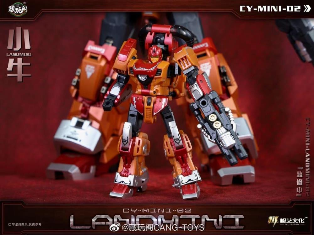 The CY-Mini-02 Landmini converts into a bull-like creature from a robot and forms the leg of a mini combining figure. Landmini stands about 3.75 inches tall in robot mode and comes with a blaster and sword for weapons. CT-Chiyou-02 Landbull not included