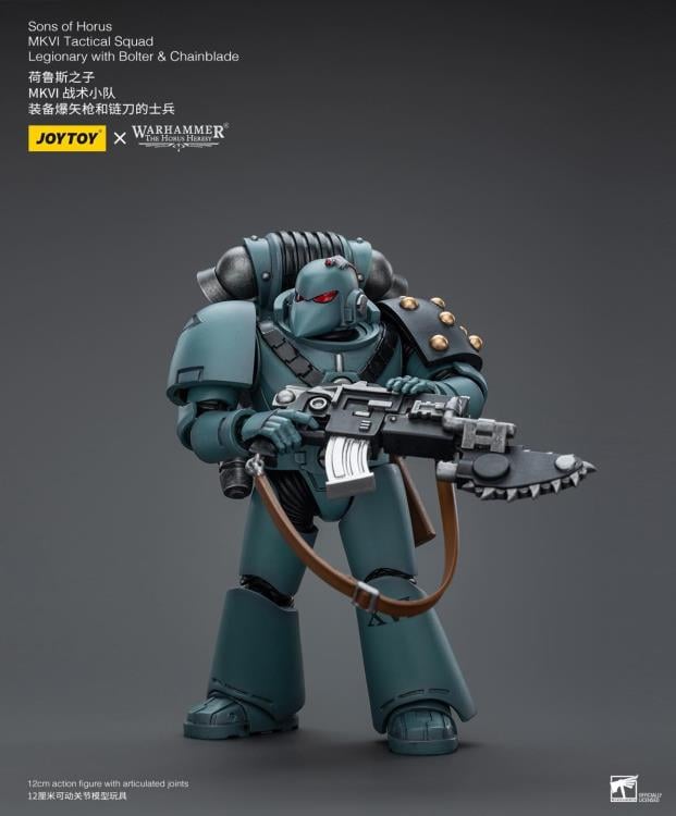 Unleash the JoyToy Warhammer 40K Sons of Horus MKVI Tactical Squad Legionary with Bolter & Chainblade action figure’s incredible power! The Space Marine Legions’ core unit, tactical squads are the means by which the Great Crusade retook most of the galaxy. Legion Tactical squads, equipped with even more impressive weaponry and led by seasoned Tactical sergeants, were at the forefront of nearly every significant battle during the Horus Heresy. The squads were composed of Legionaries with devastating bolters.