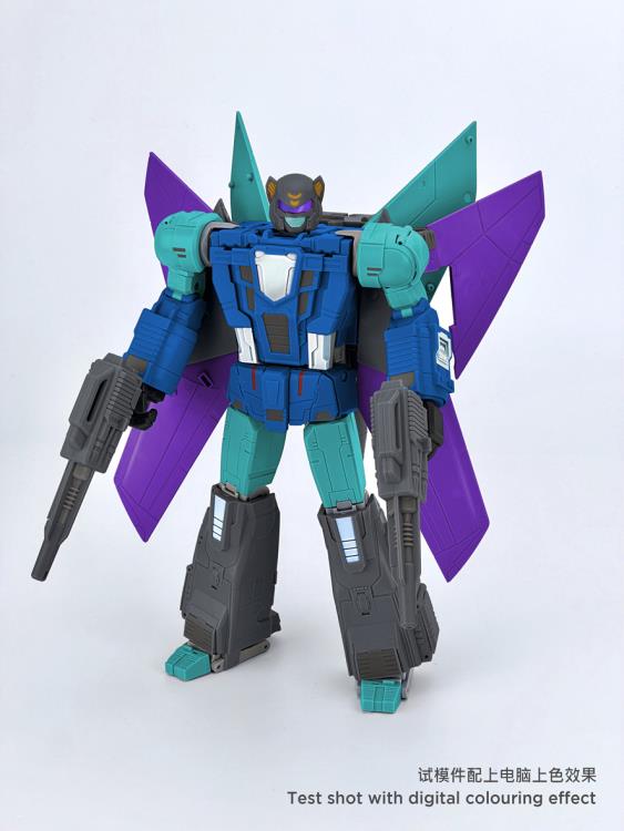 From Fans Hobby comes the Master Builder MB-24A Dark Strike converting robot. This robot features a green, blue, purple, and gray color scheme and can convert into a jet. This highly detailed Dark Strike figure will be a terrific addition to any collection.
