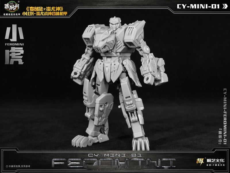 The CY-Mini-01 Feromini converts into a cat-like creature from a robot. Feromini stands about 3.75 inches tall in robot mode and comes with a blaster and sword for weapons.