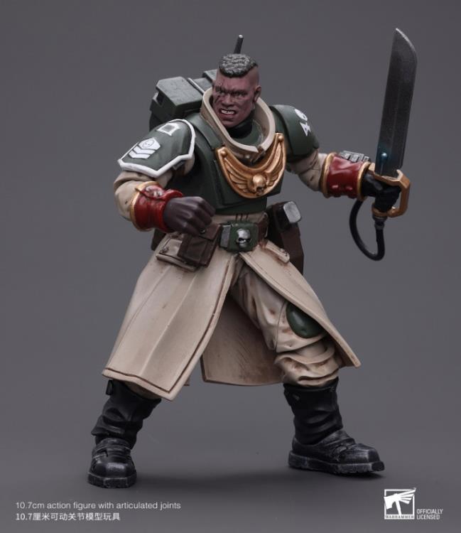 This is a 1/18 scale highly detailed, articulated figure based on Warhammer 40k's Cadian Command Squad Commander with Power Sword of the Astra Militarum. The Cadian Command figure stands nearly 6 inches tall and comes with several interchangeable parts and accessories, opening the door to a plethora of different and unique display opportunities.