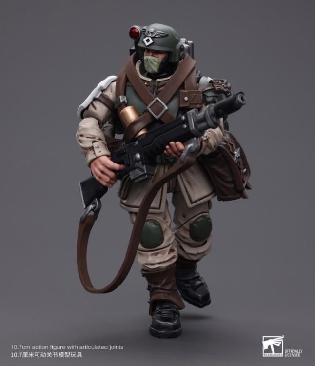 This is a 1/18 scale highly detailed, articulated figure based on Warhammer 40k's Cadian Command Squad Veteran with Medi-pack of the Astra Militarum. The Cadian Command figure stands nearly 6 inches tall and comes with several interchangeable parts and accessories, opening the door to many different and unique display opportunities.