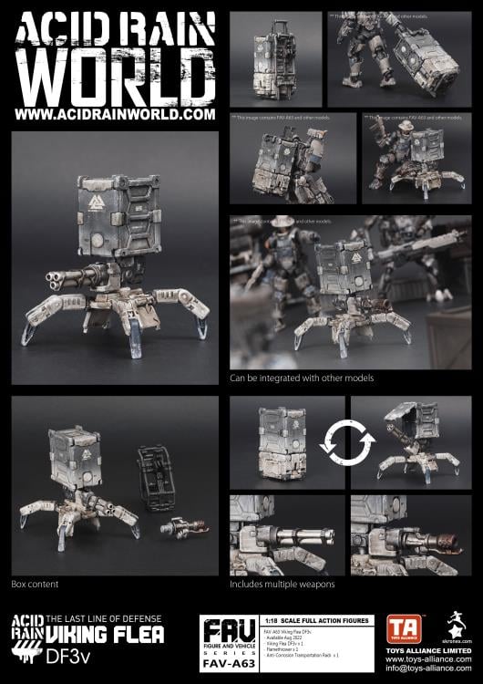 For the most part, the design of the Viking Flea DF3v has remained consistent with other Flea types - it’s scuttling drone legs already being well adapted to the snowy territory of the Tritans. However, the 55th Viking Shield Team were frustrated by its apparent lack of firepower against the rugged mountain marauders, so now the Viking Flea carries both a Gatling Gun as well as a Flamethrower which can be easily interchanged. Handily, the Flea also carries a Anti-Corrosion Transportation Rack for attaching