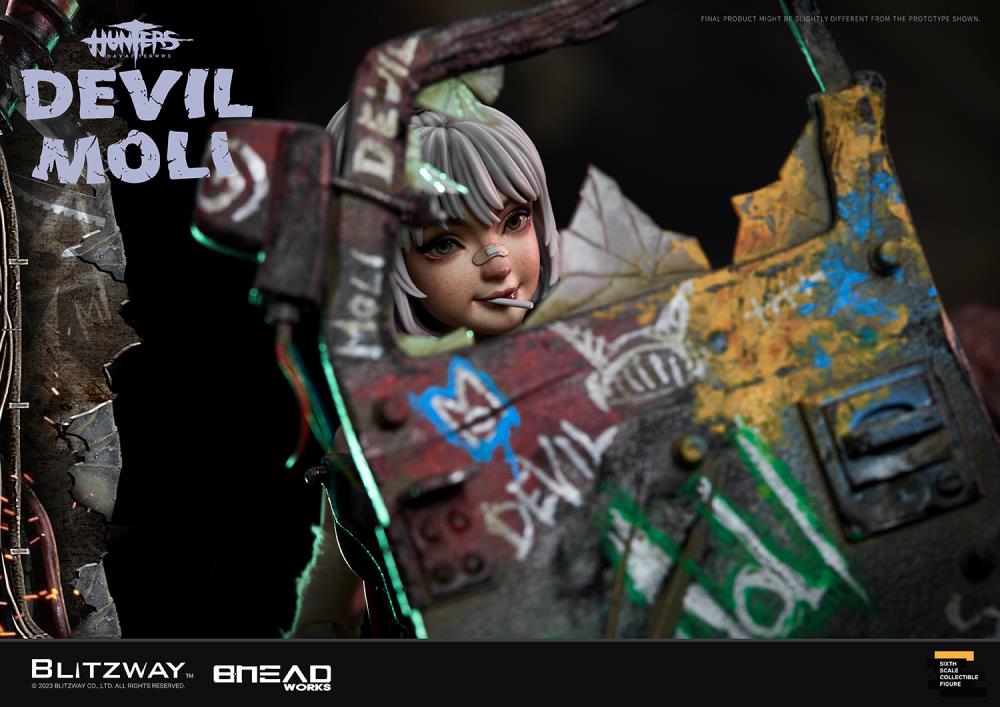 'BLITZWAY is thrilled to share the official launch of the 5th character of BHEADworks’ original figures, ‘Devil Moli’ from ‘HUNTERS: Day After WWIII.’ BHEADworks (Artist Yeon-gyun, Jung) has been loved for its original character design based on the dystopian worldview. The fifth heroine, Devil Moli, is a combat girl who decorates her cute visual like a scary gatekeeper and sensibly notices when an enemy approaches and sends a cue sign with a whistle.