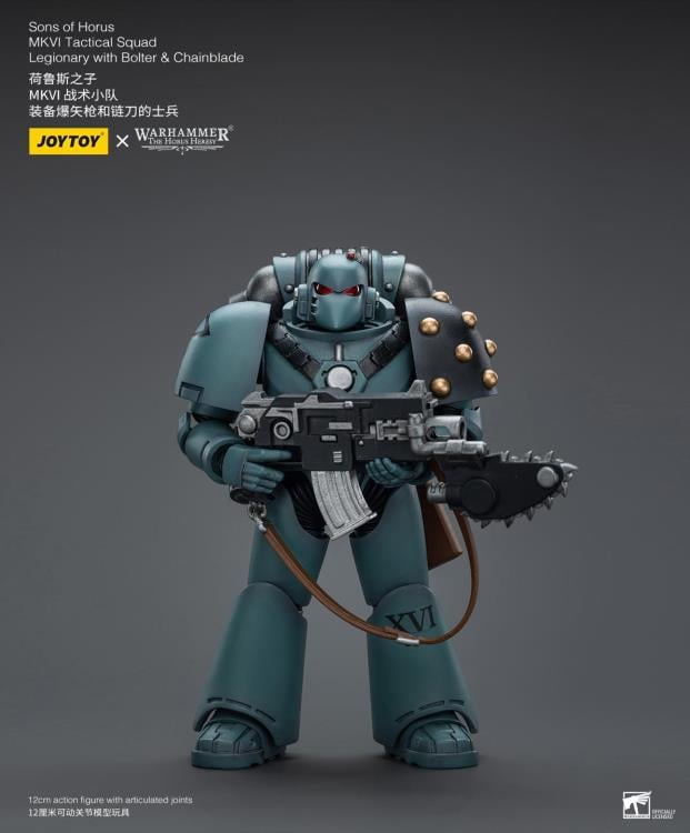 Unleash the JoyToy Warhammer 40K Sons of Horus MKVI Tactical Squad Legionary with Bolter & Chainblade action figure’s incredible power! The Space Marine Legions’ core unit, tactical squads are the means by which the Great Crusade retook most of the galaxy. Legion Tactical squads, equipped with even more impressive weaponry and led by seasoned Tactical sergeants, were at the forefront of nearly every significant battle during the Horus Heresy. The squads were composed of Legionaries with devastating bolters.