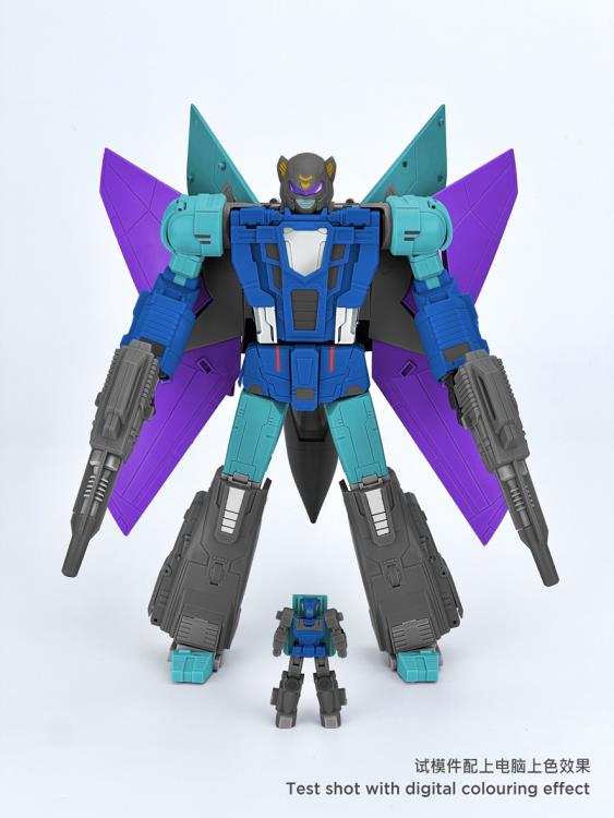 From Fans Hobby comes the Master Builder MB-24A Dark Strike converting robot. This robot features a green, blue, purple, and gray color scheme and can convert into a jet. This highly detailed Dark Strike figure will be a terrific addition to any collection.