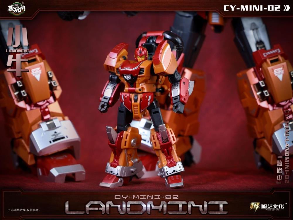 The CY-Mini-02 Landmini converts into a bull-like creature from a robot and forms the leg of a mini combining figure. Landmini stands about 3.75 inches tall in robot mode and comes with a blaster and sword for weapons. CT-Chiyou-02 Landbull not included