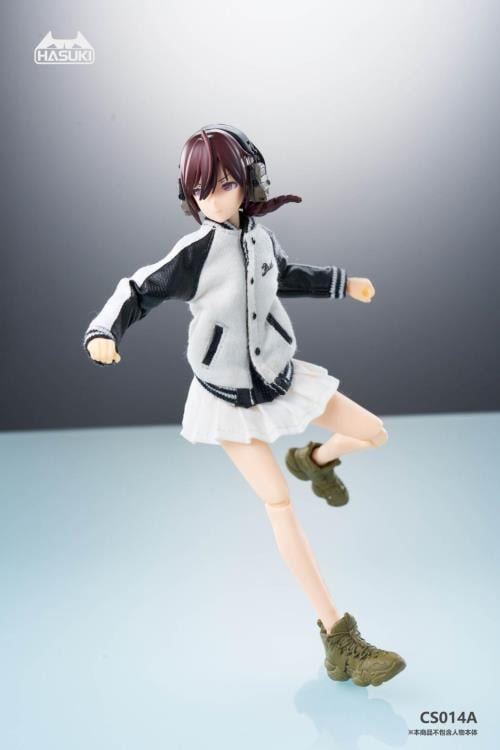 This black and white baseball jacket & white skirt 1/12 scale outfit set is perfect for any customizer wanting to give their figure a great look. This set is perfect for your 1/12 to 1/10 scale figures! Other clothing pieces and figures not included