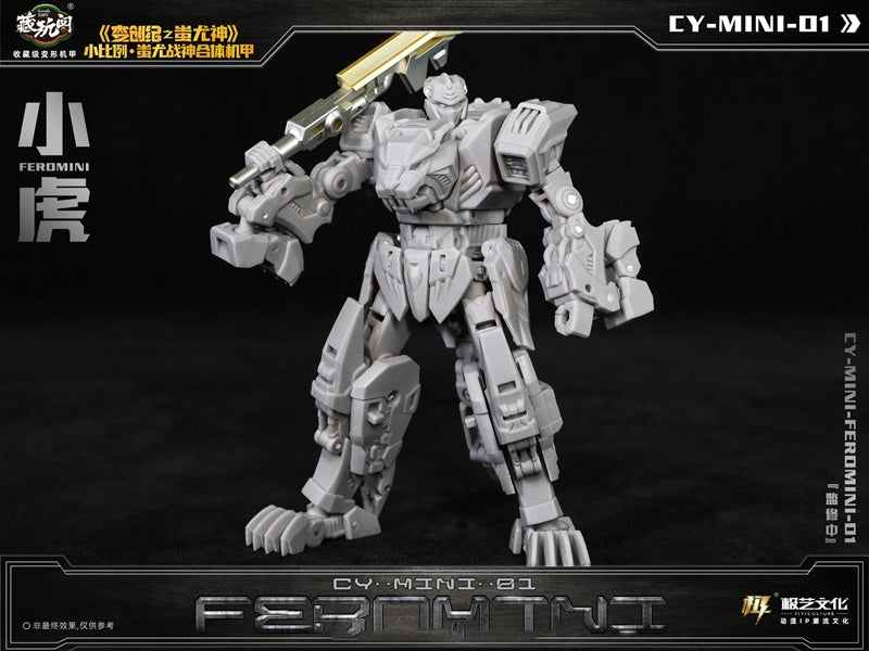 The CY-Mini-01 Feromini converts into a cat-like creature from a robot. Feromini stands about 3.75 inches tall in robot mode and comes with a blaster and sword for weapons.