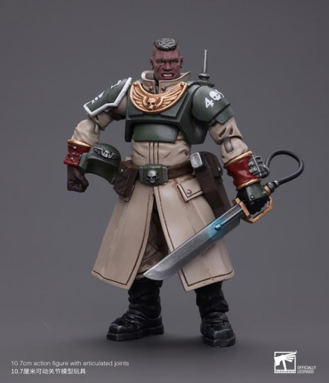 This is a 1/18 scale highly detailed, articulated figure based on Warhammer 40k's Cadian Command Squad Commander with Power Sword of the Astra Militarum. The Cadian Command figure stands nearly 6 inches tall and comes with several interchangeable parts and accessories, opening the door to a plethora of different and unique display opportunities.
