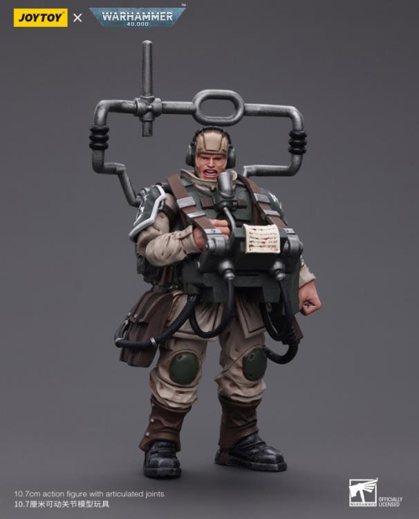 This is a 1/18 scale highly detailed, articulated figure based on Warhammer 40k's Cadian Command Squad Veteran with Master Vox of the Astra Militarum. The Cadian Command figure stands nearly 6 inches tall and comes with several interchangeable parts and accessories, opening the door to a plethora of different and unique display opportunities.