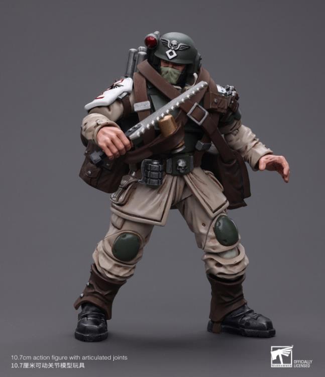 This is a 1/18 scale highly detailed, articulated figure based on Warhammer 40k's Cadian Command Squad Veteran with Medi-pack of the Astra Militarum. The Cadian Command figure stands nearly 6 inches tall and comes with several interchangeable parts and accessories, opening the door to many different and unique display opportunities.