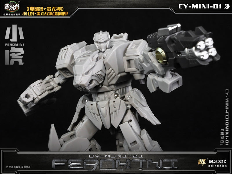 The CY-Mini-01 Feromini converts into a cat-like creature from a robot. Feromini stands about 3.75 inches tall in robot mode and comes with a blaster and sword for weapons.